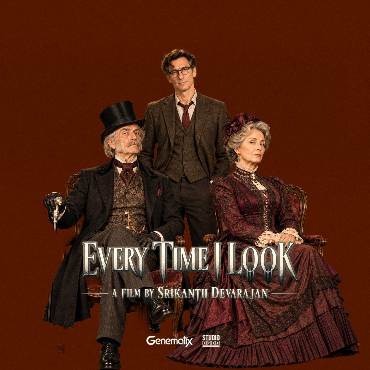 Every Time I Look poster: Spector stands between a Victorian gentleman in a top hat and a lady in a burgundy gown