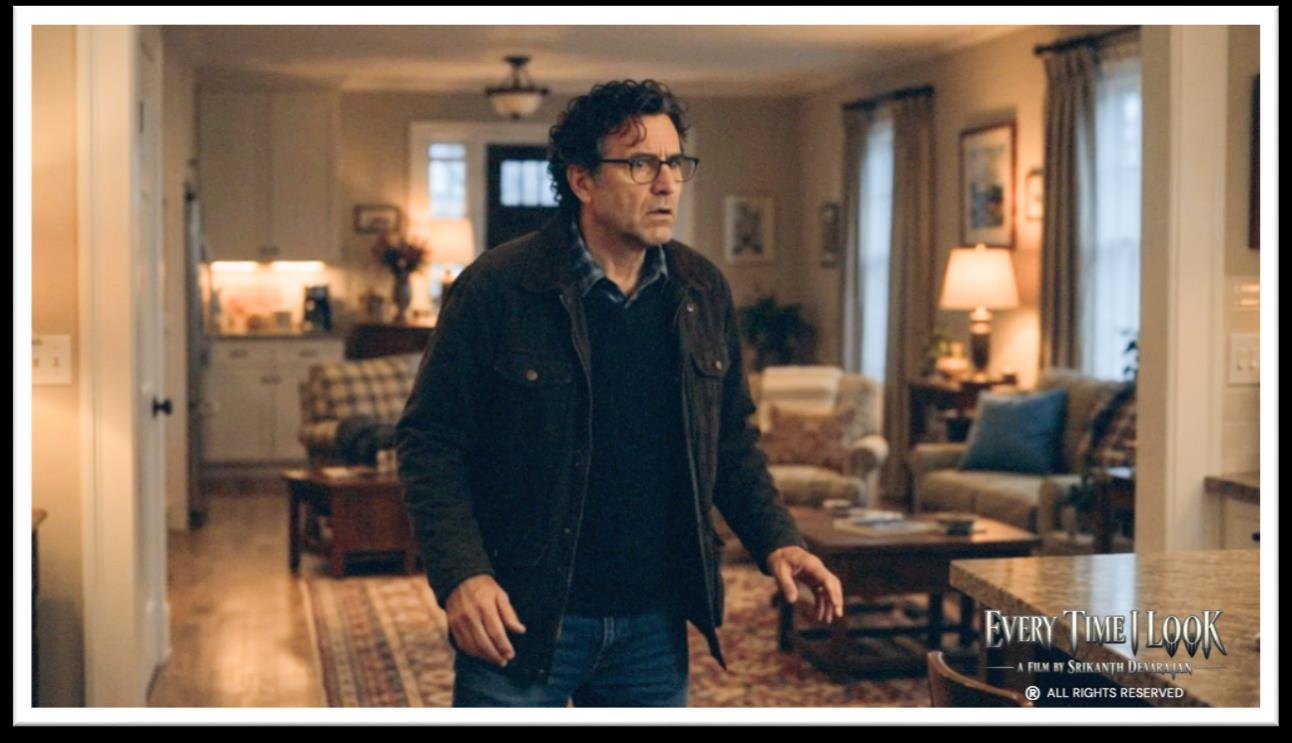 Spector, startled, in his living room