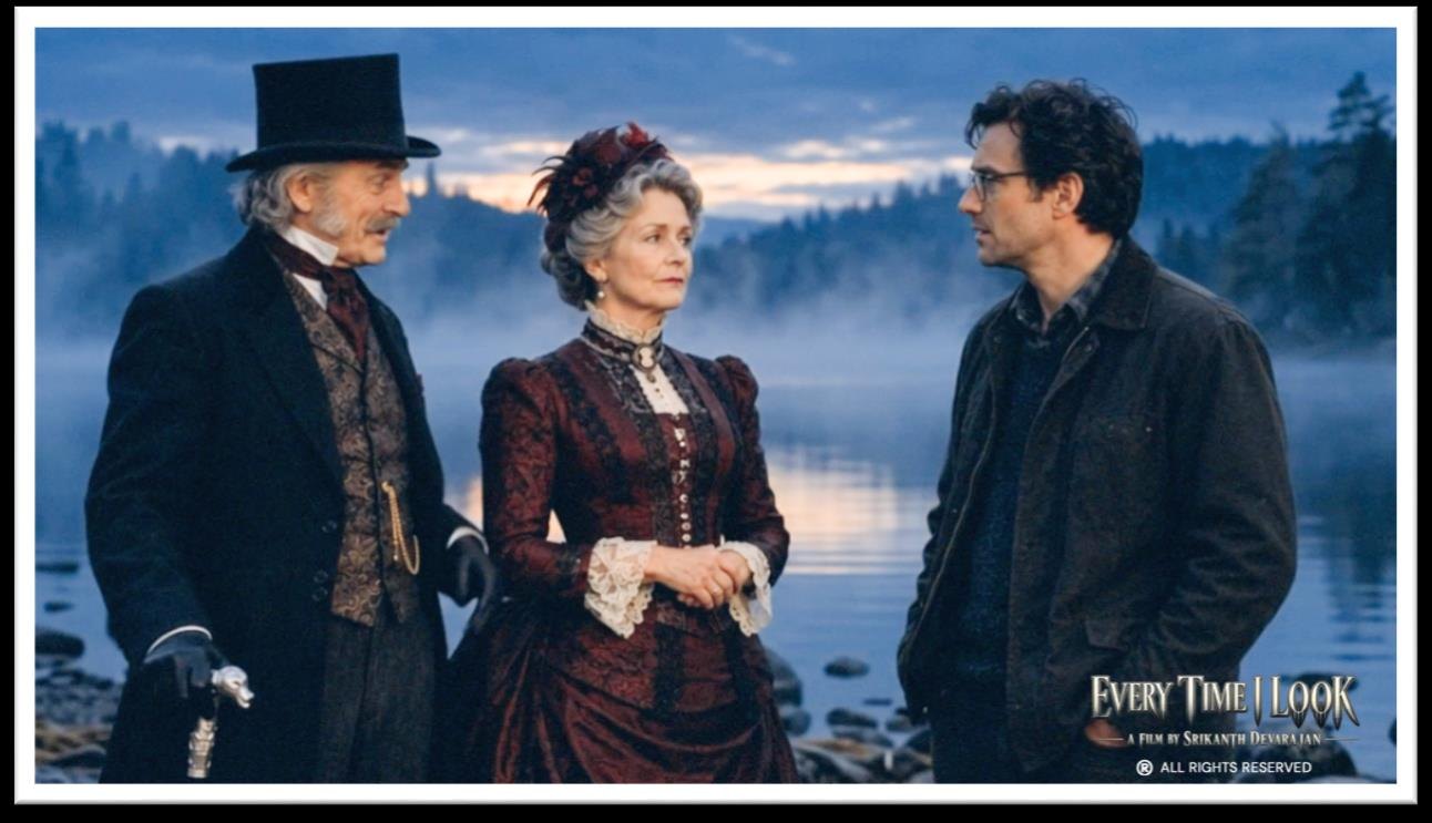 The quarreling couple confronts Spector at a misty lake at dusk
